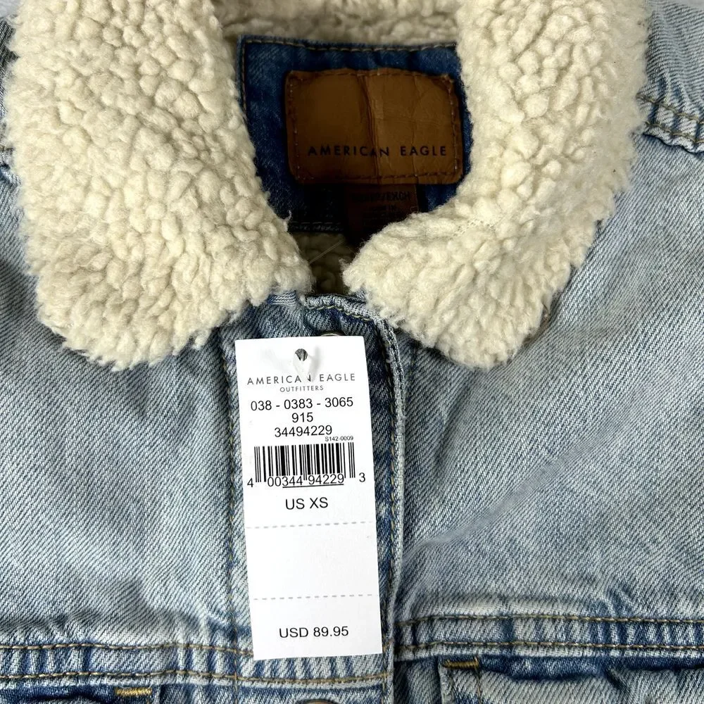 American Eagle‎ Jean Jacket Womens XS Denim Sherpa Lining Pockets Rivet Buttons